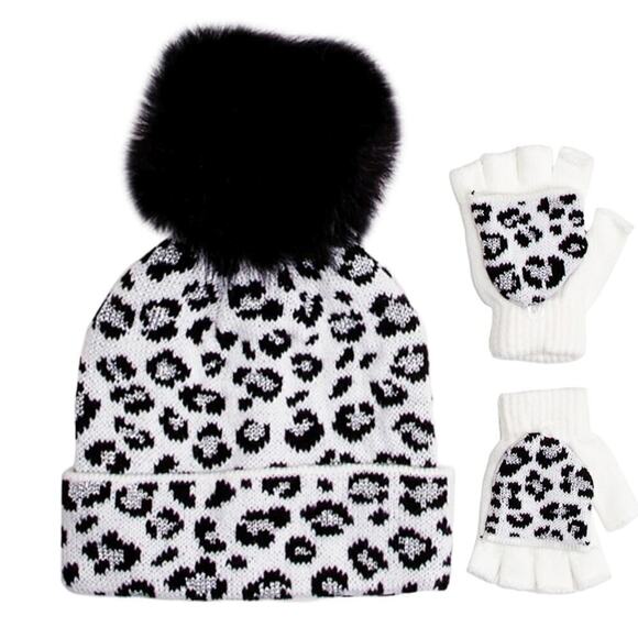 Love2Design Other - New! Love2Design Girls (4-6) Cheetah Knit Faux Fur Pom Hat and Gloves Set